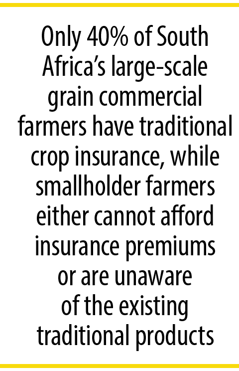 Only 40% of South Africa’s large scale grain commercial farmers have traditional crop insurance, while smallholder fa...