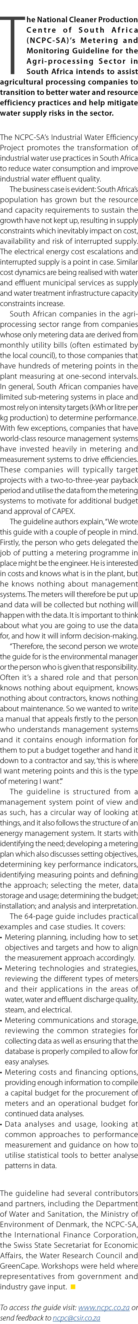 The National Cleaner Production Centre of South Africa (NCPC SA)’s Metering and Monitoring Guideline for the Agri pro...