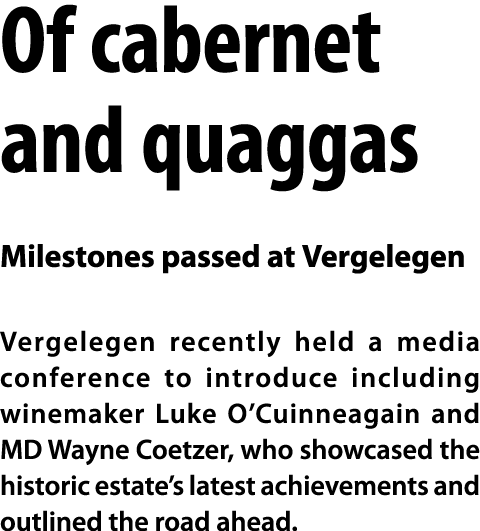 Of cabernet and quaggas Milestones passed at Vergelegen Vergelegen recently held a media conference to introduce incl...