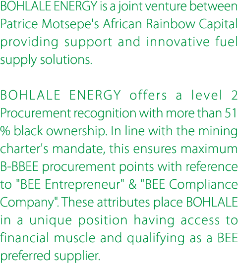 BOHLALE ENERGY is a joint venture between Patrice Motsepe's African Rainbow Capital providing support and innovative ...