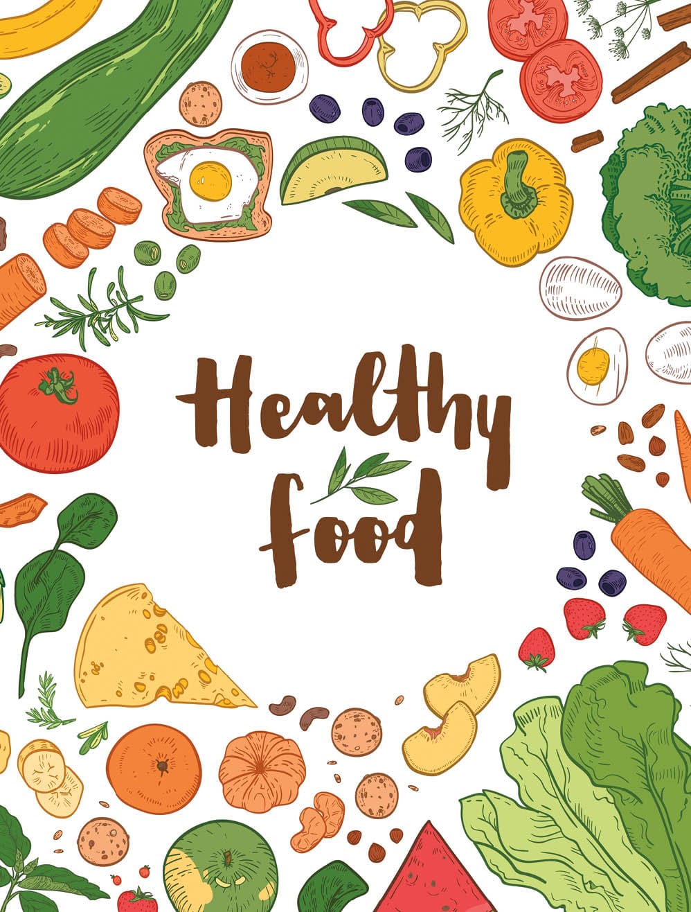 Square background with frame consisted of various healthy food on white background. Delicious eco wholesome vegetables, fruits, healthy products and meals. Vector illustration in realistic style