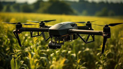 A drone flying in the field in a corn field.