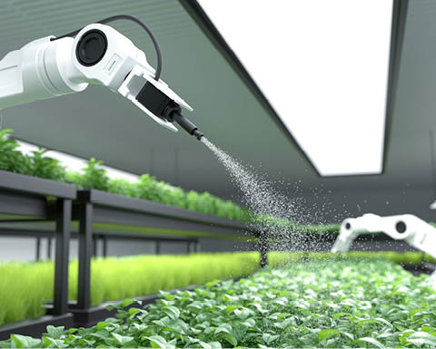 Smart robotic farmer spraying fertilizer on vegetable green plants, Agriculture technology, Farm automation. 3D illustration 