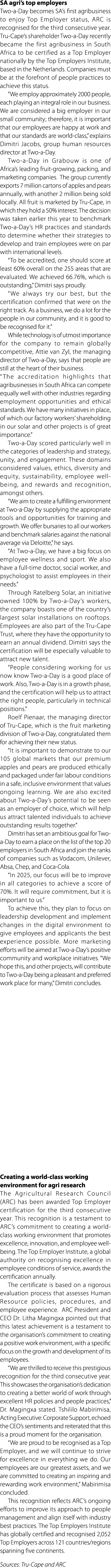 SA agri’s top employers Two a Day becomes SA’s first agribusiness to enjoy Top Employer status, ARC is recognised for...