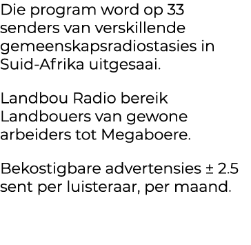 Die program word op 33 senders van verskillende gemeenskapsradiostasies in Suid Afrika uitgesaai. Landbou Radio berei...