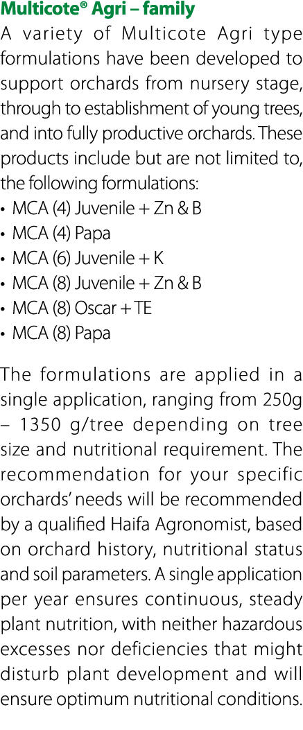 Multicote® Agri – family A variety of Multicote Agri type formulations have been developed to support orchards from n...