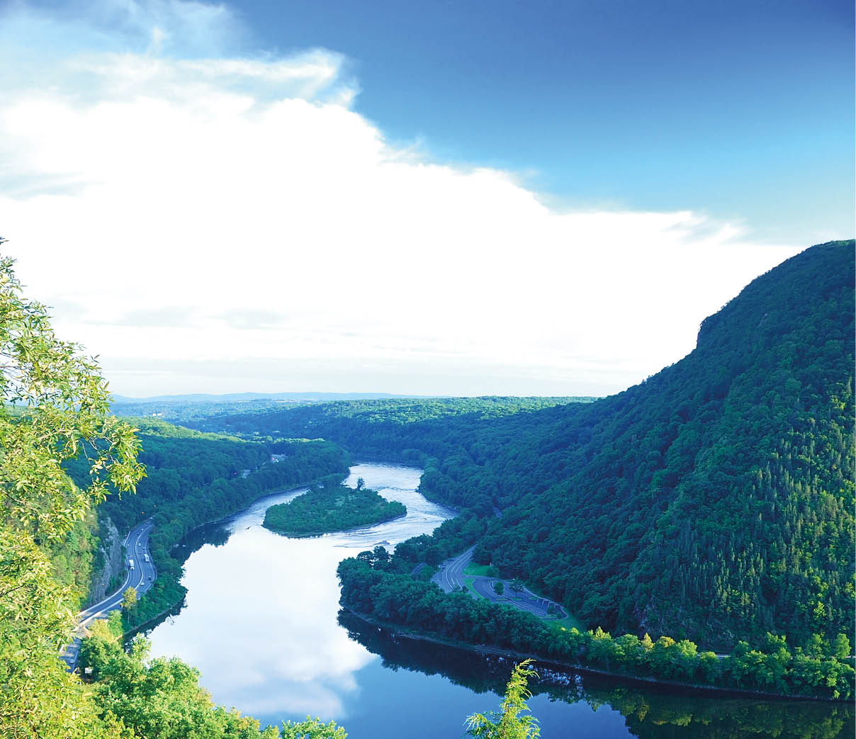 Mountain peak view with blue sky, river and trees from Delaware Water Gap, Pennsylvania. 