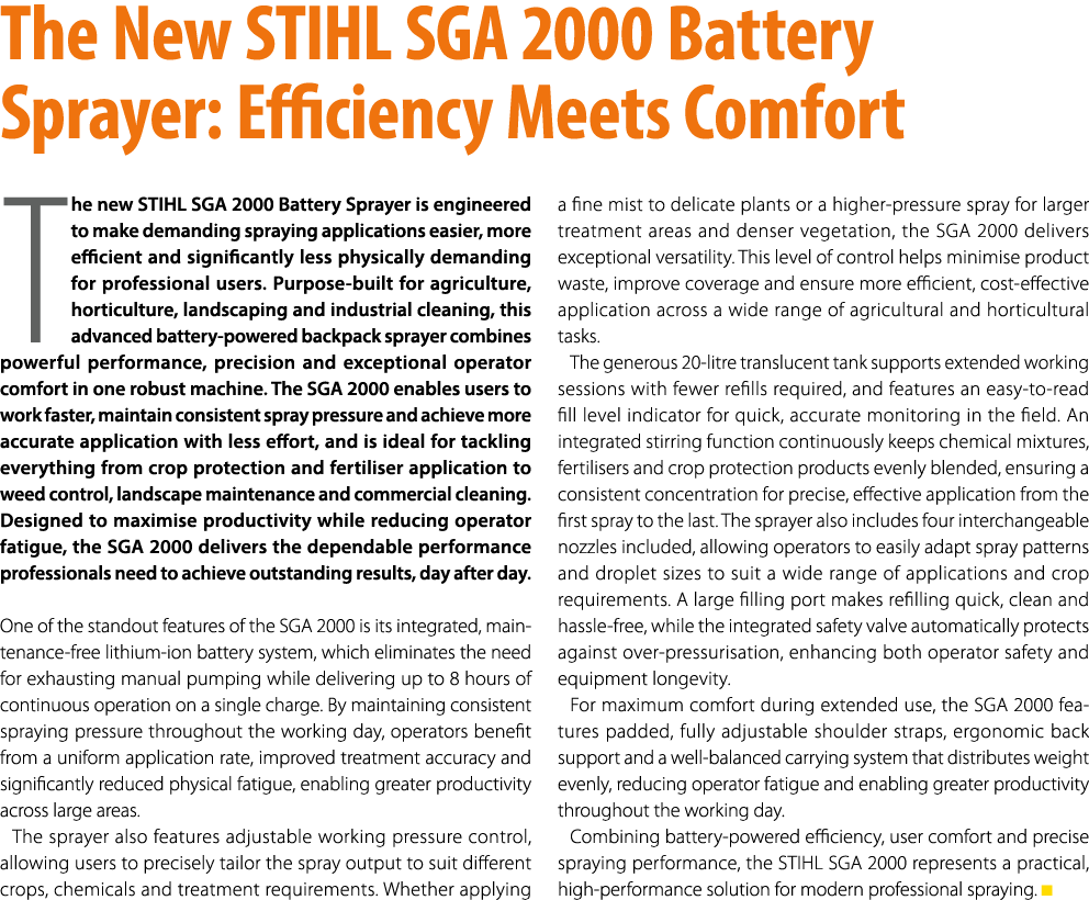 The New STIHL SGA 2000 Battery Sprayer: Efficiency Meets Comfort The new STIHL SGA 2000 Battery Sprayer is engineered...