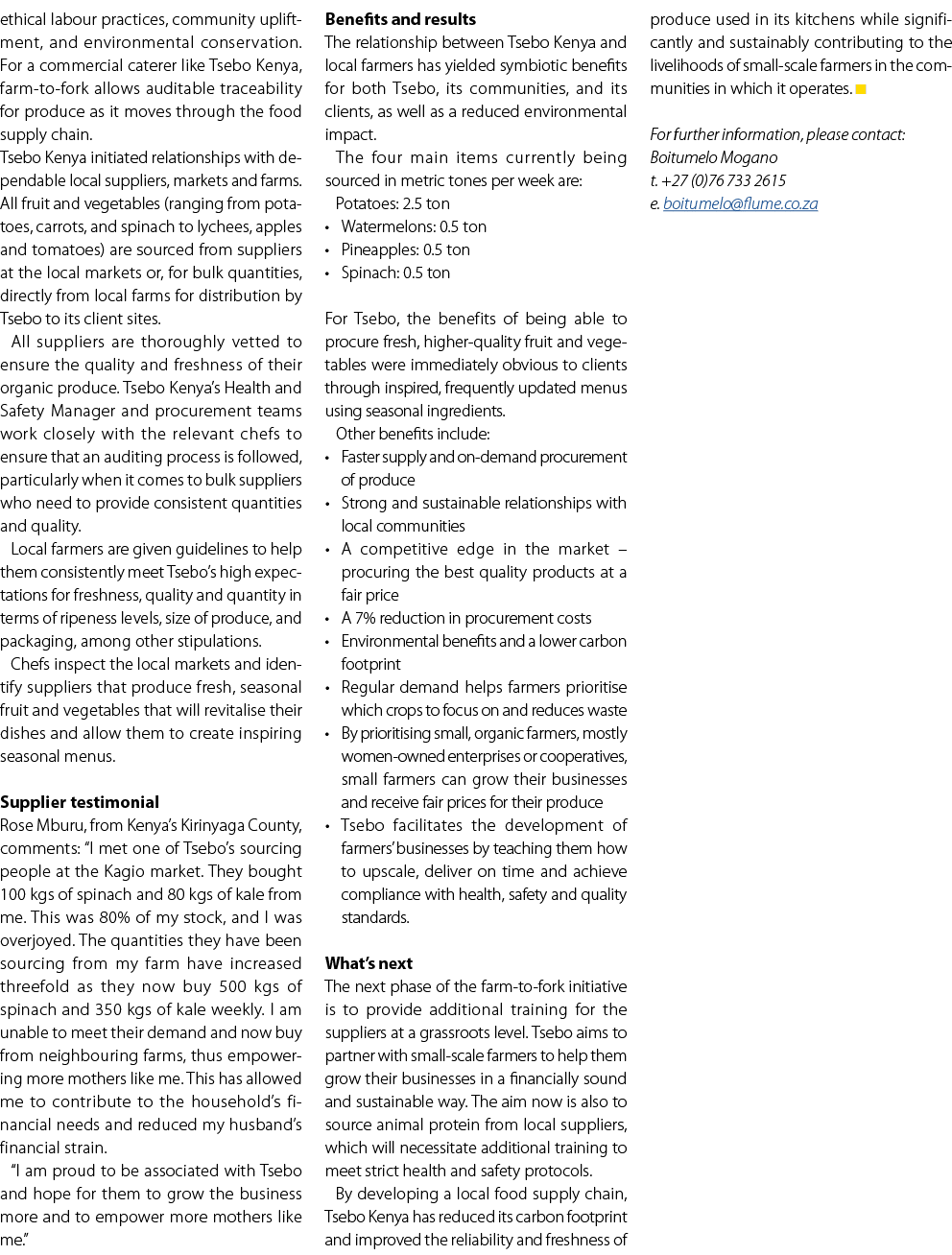 ethical labour practices, community upliftment, and environmental conservation. For a commercial caterer like Tsebo K...